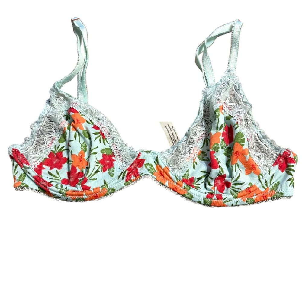 Free People Intimately Floral Lace Underwire Bra Mint & Red Size 32D